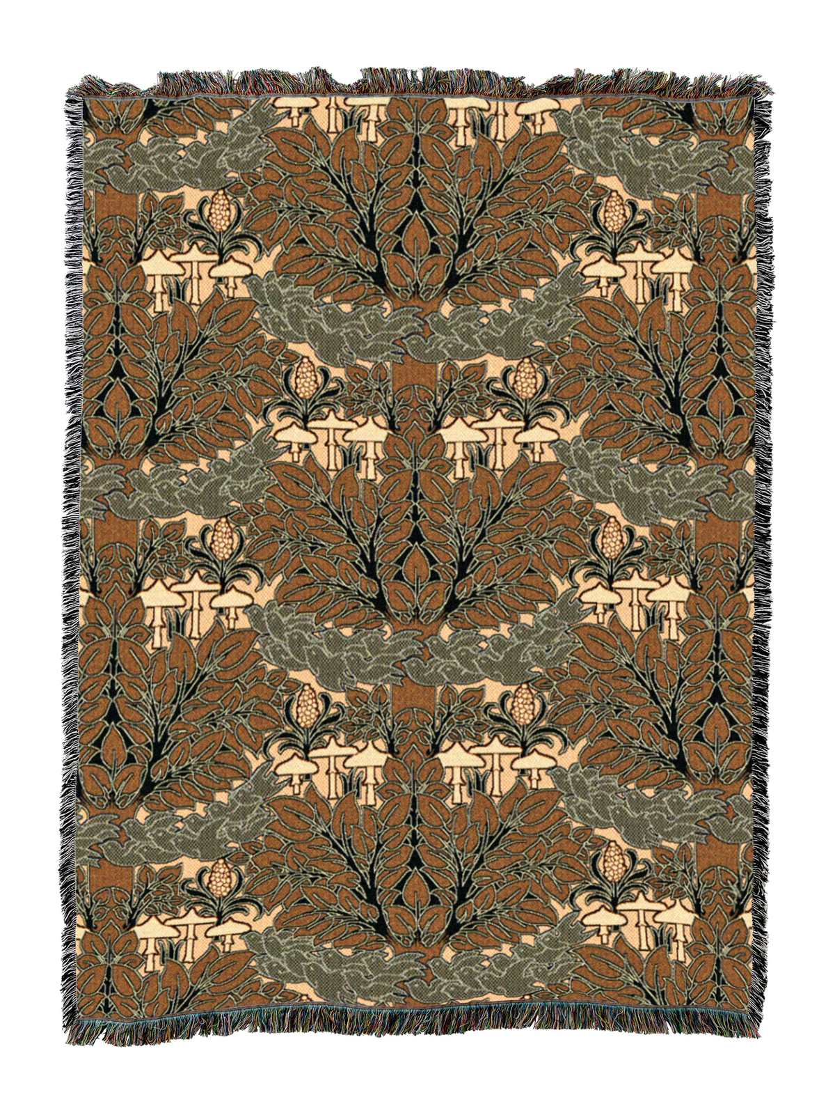 Fairyland blanket in rust orange and olive with fairy forest mushrooms, fringed trim