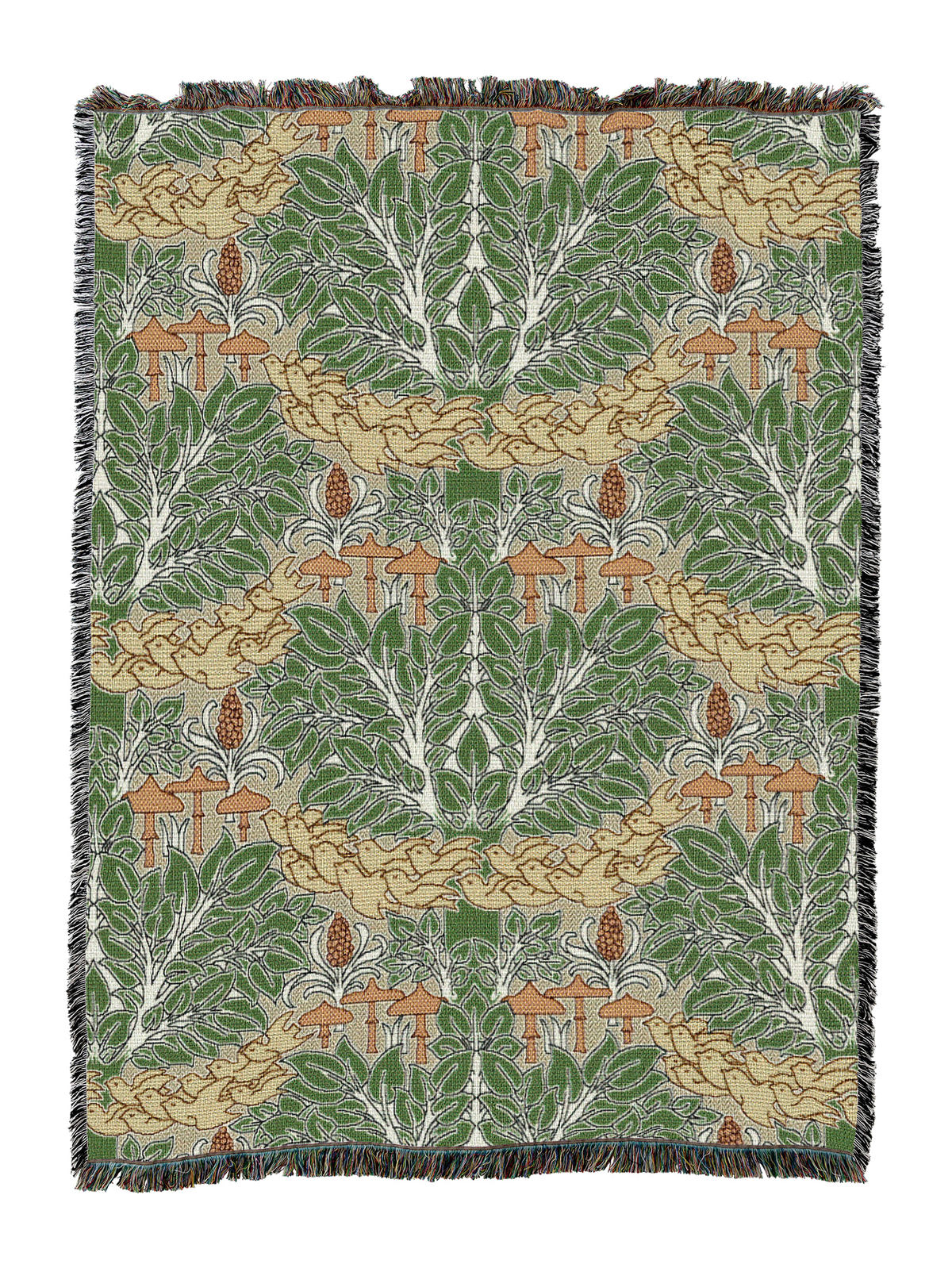 Cfa Voysey Fairyland blanket in green with whimsical animal and tree pattern, fringed edge
