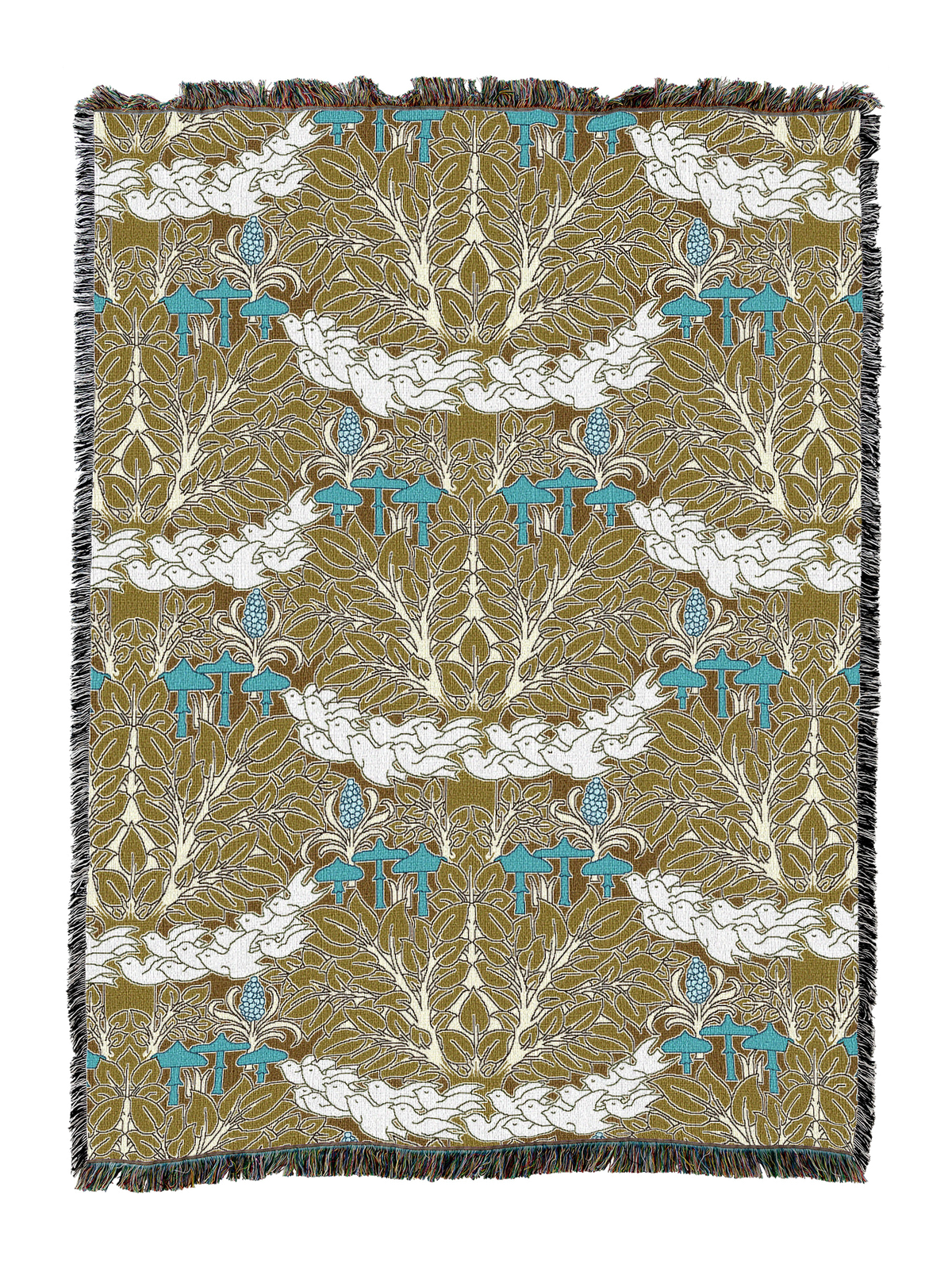 Fairyland blanket in mustard gold and blue with fairy forest mushrooms, fringed trim