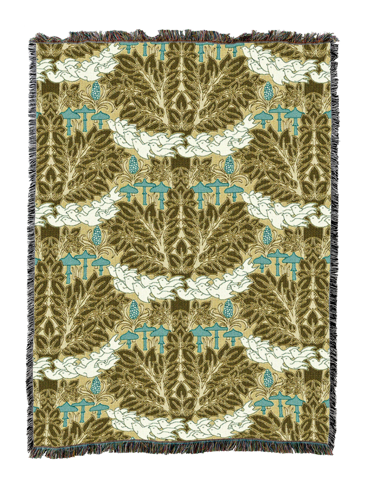Fairyland blanket in gold and blue with fairy forest mushrooms, fringed trim