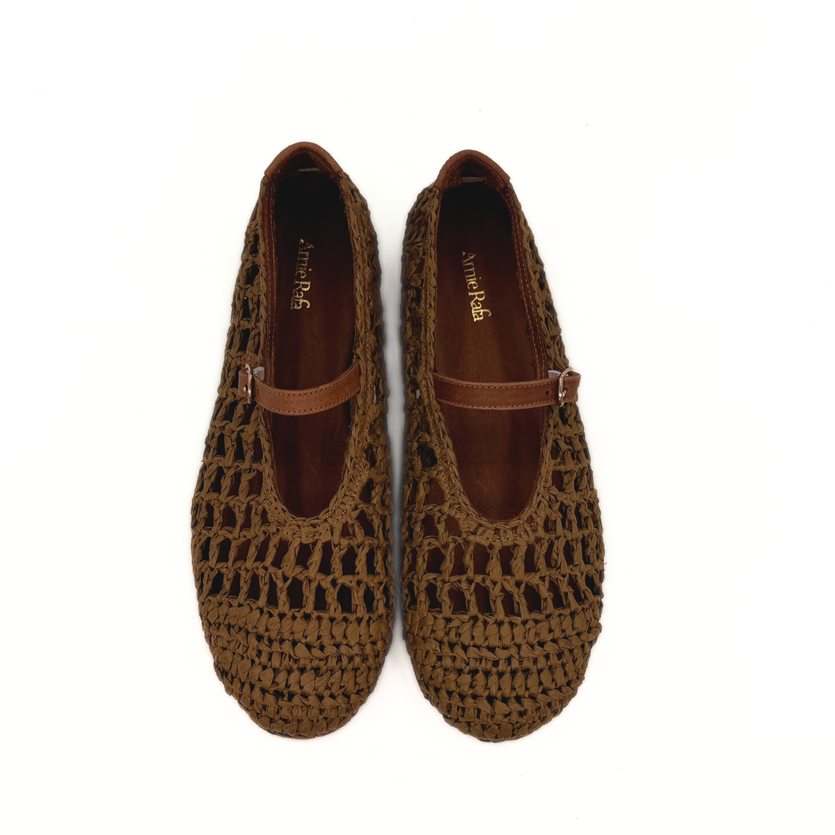 Raffia Mary Jane flats with ankle strap and tan interior lining