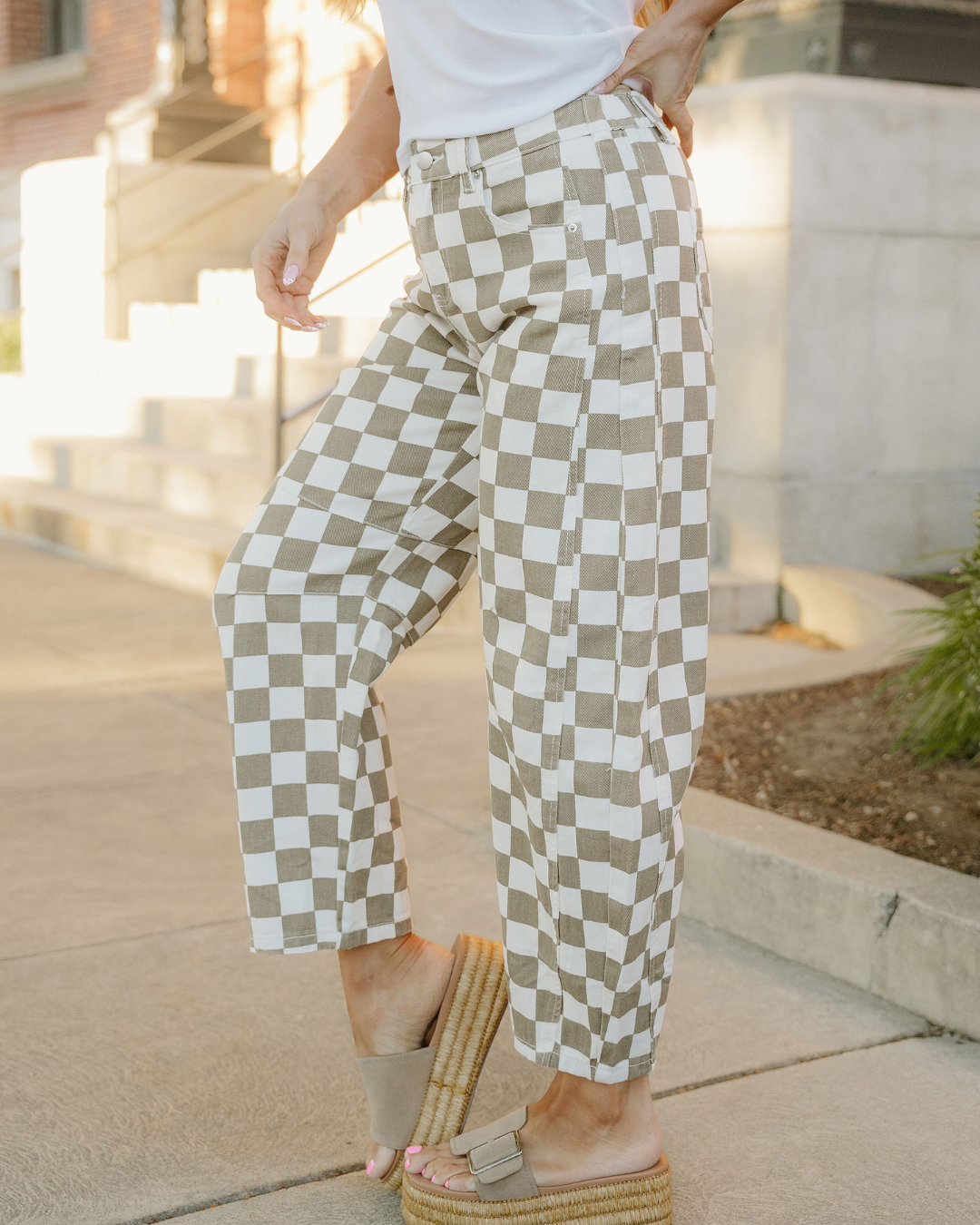 Checkered denim barrel pants with relaxed barrel fit and pleated front
