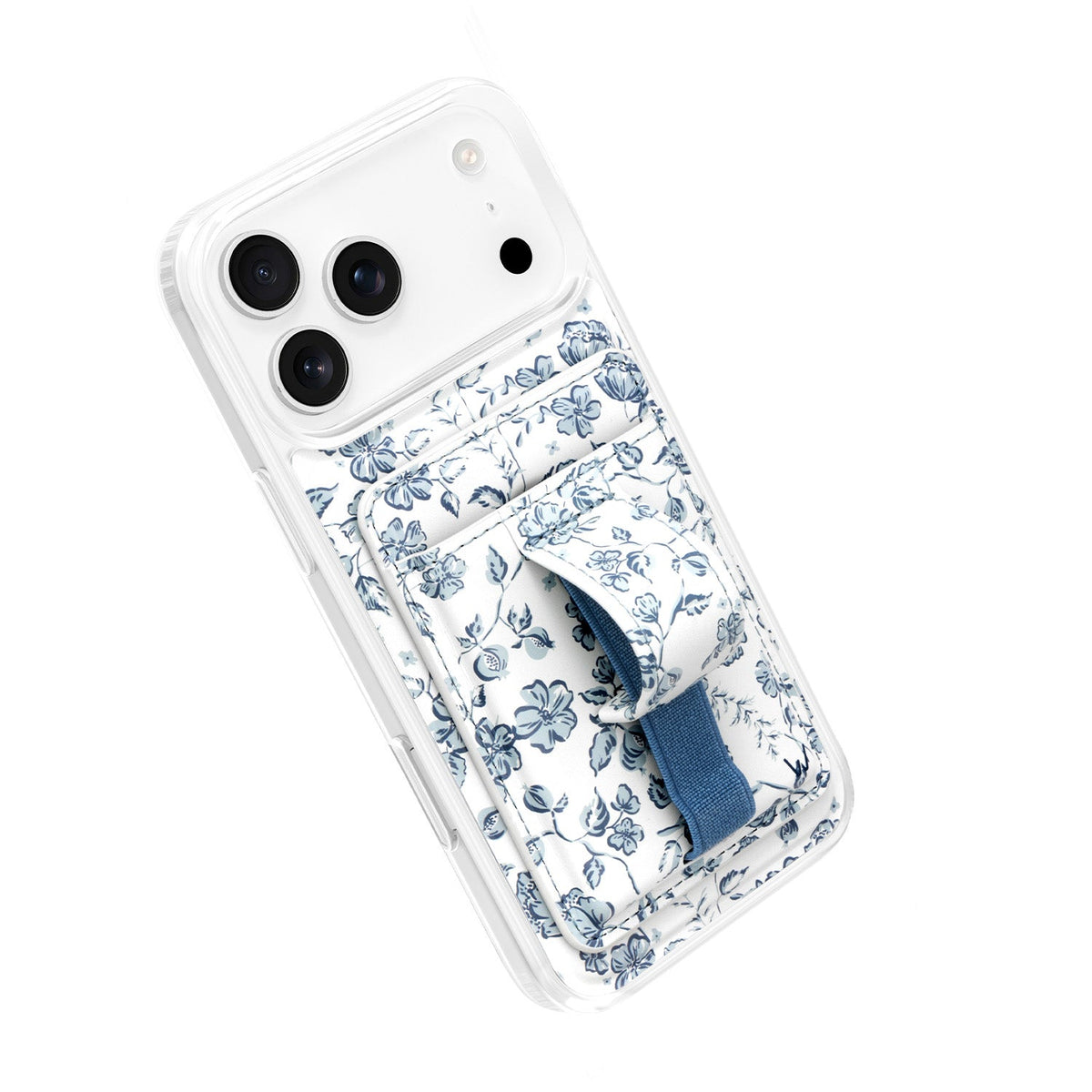 Magnetic wallet phone case with blue floral flap and denim-style strap