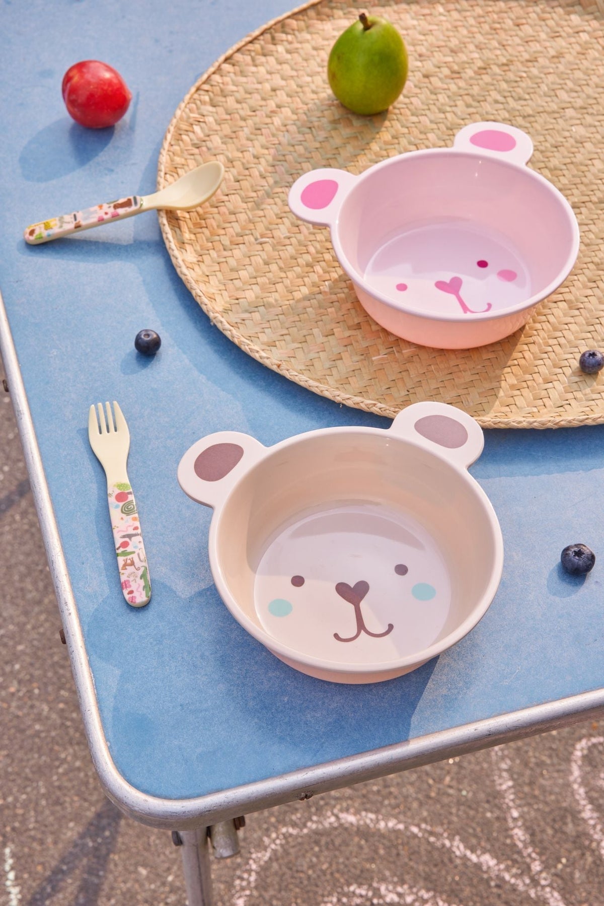 Kids melamine bowl with pink bear-face print and ear-shaped rim