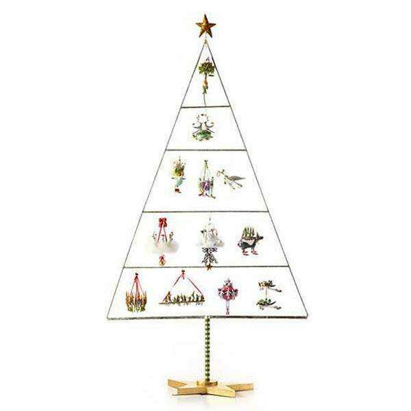 Triangle ornament tree with many small hanging figures and a gold star topper.