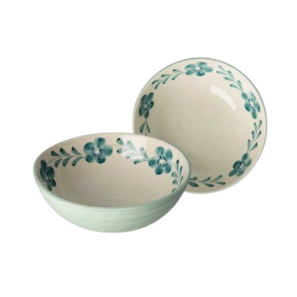 Large ceramic salad bowl with hand-painted green flower vine, two bowls