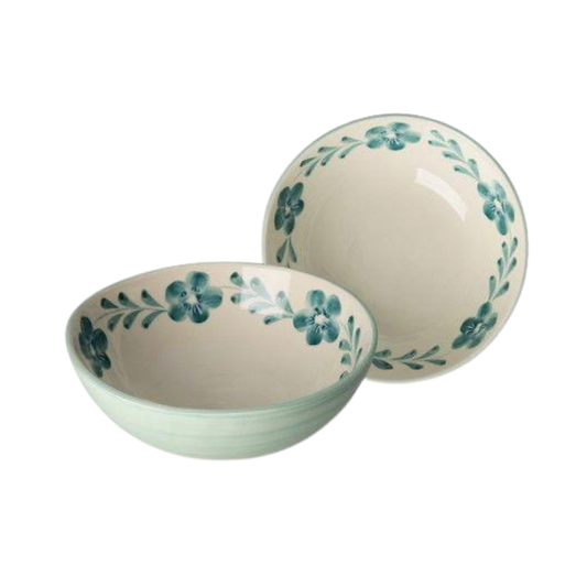 Large ceramic salad bowl with hand-painted green flower vine, two bowls