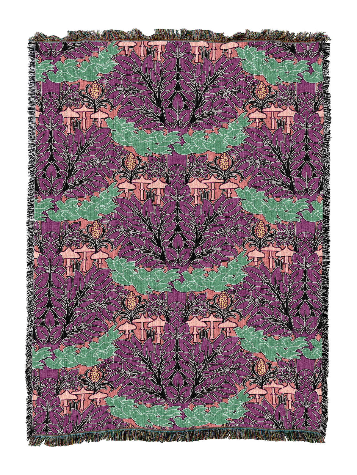 Fairyland blanket in magenta and green with fairy forest mushrooms, fringed trim