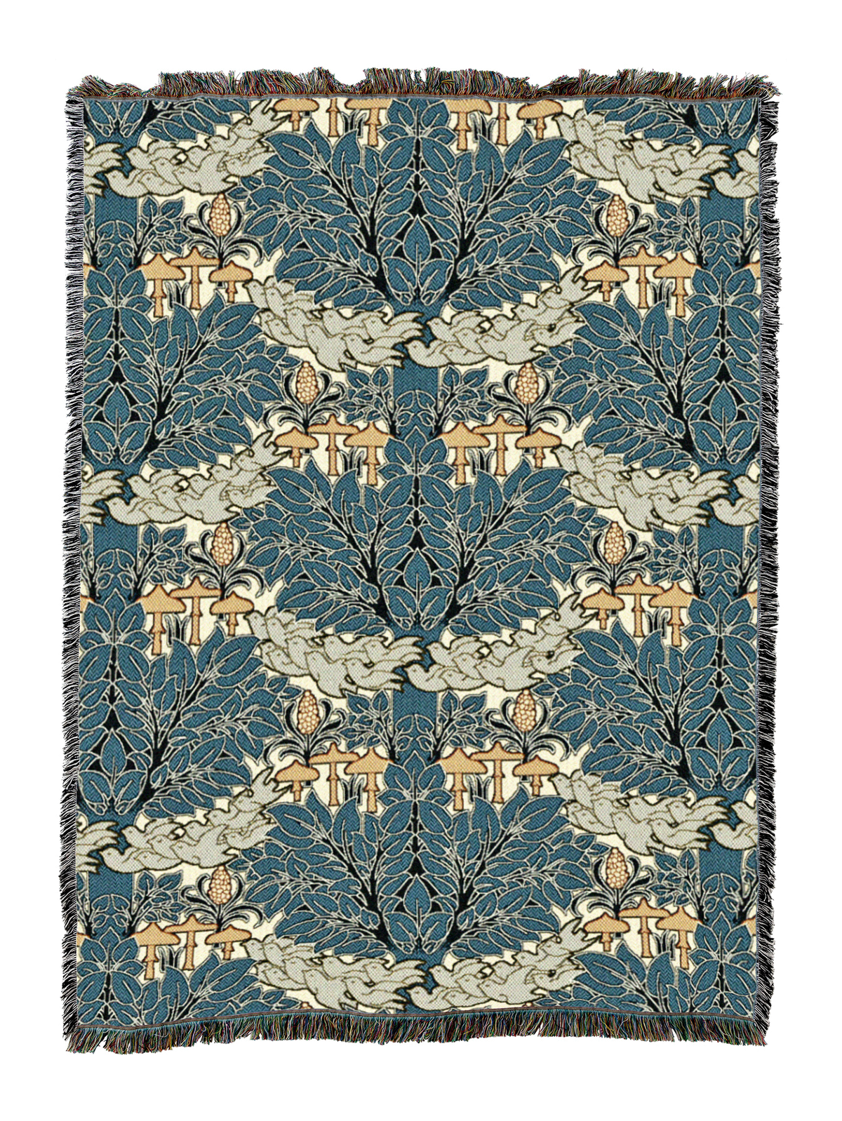 Fairyland blanket in deep teal and cream with fairy forest mushrooms, fringed trim