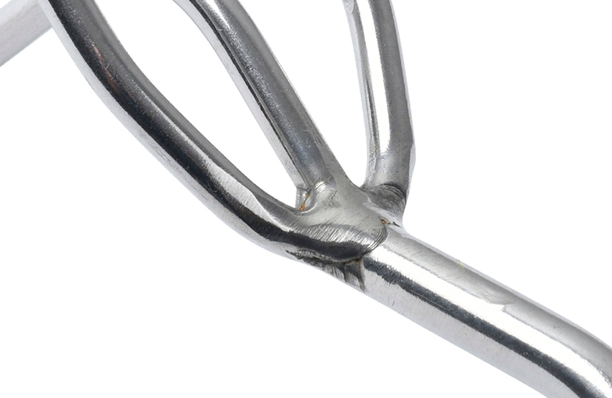 Macro view of stainless claw cultivator tines attached to metal head
