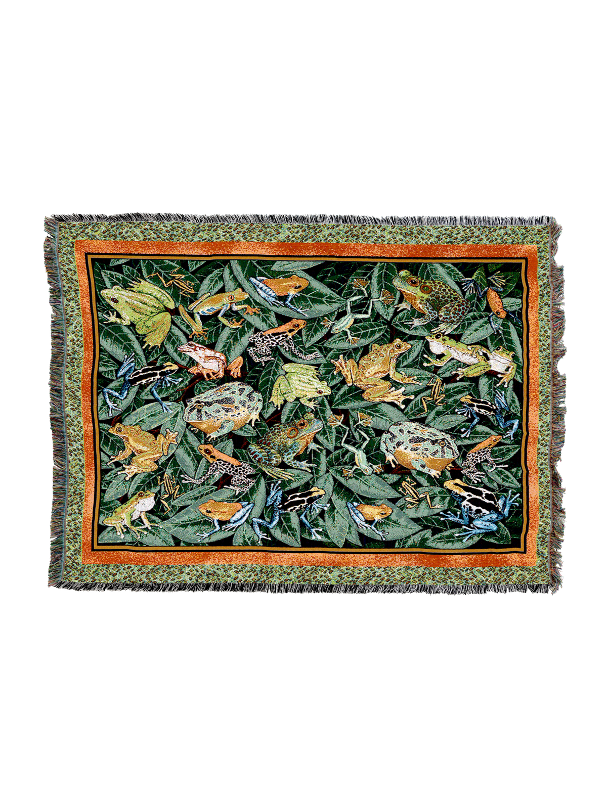 Decorative throw blanket with green leaf and frog print, bordered design