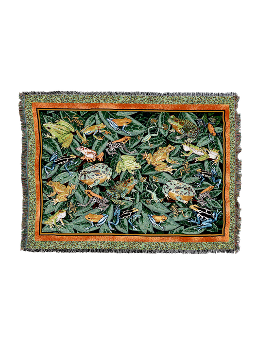 Decorative throw blanket with green leaf and frog print, bordered design