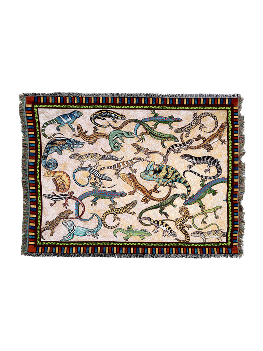 Lizards print blanket with multicolor striped border, rectangular throw