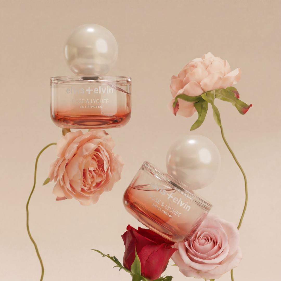 Rose & Litchi eau de parfum bottles with pink and white rose flowers