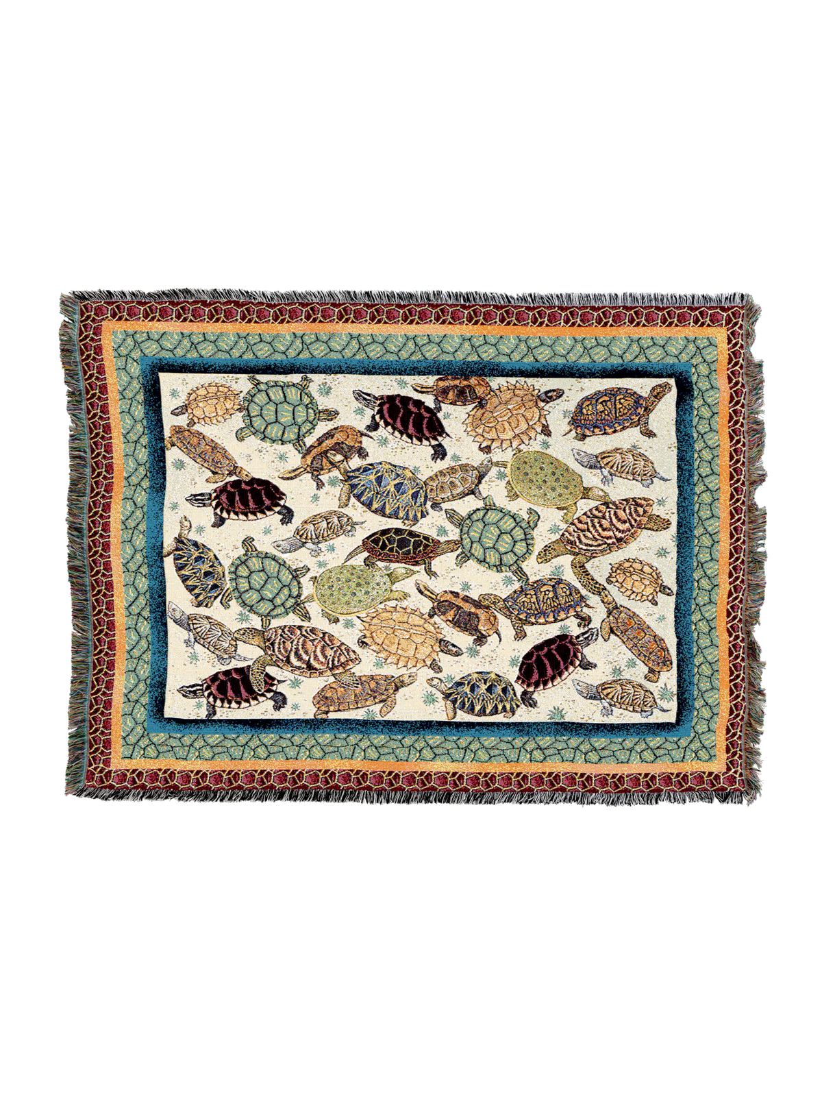 Rectangular turtles blanket, light center with multicolor turtle illustrations and trim border