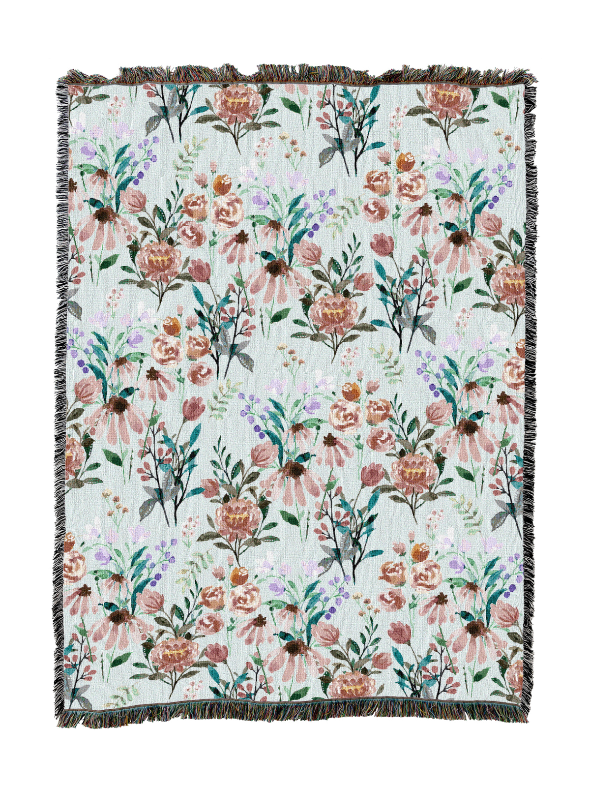Floral bloom blanket with multicolor wildflower print and fringed border