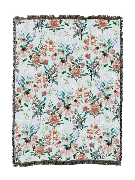 Floral bloom blanket with multicolor wildflower print and fringed border