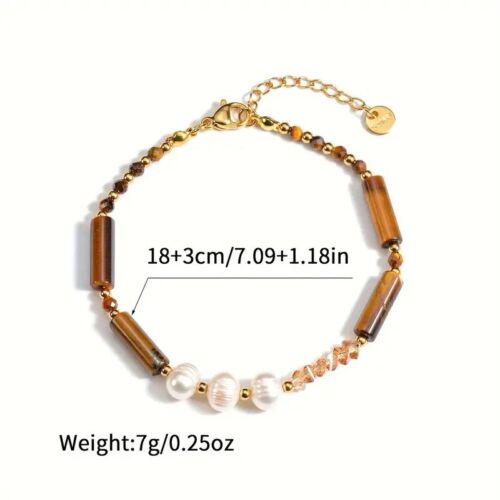 Brown tiger eye tube and pearl bracelet with gold chain; 18+3cm, 7g