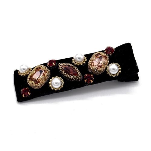 Black velvet hair clip with red gems and pearl-like Cubic Zirconia stones