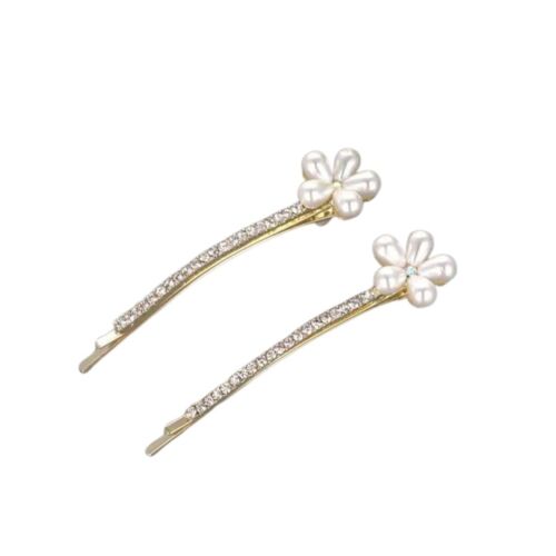 Pearl flower rhinestone hair clips set, curved gold-tone bars