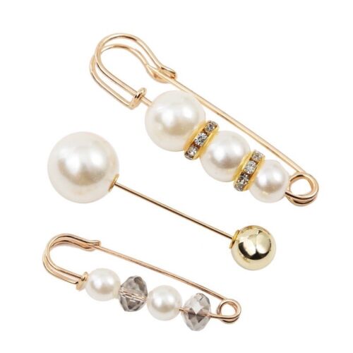Gold-tone pearl brooch and pin set with rhinestone accents, 3-piece safety-pin style