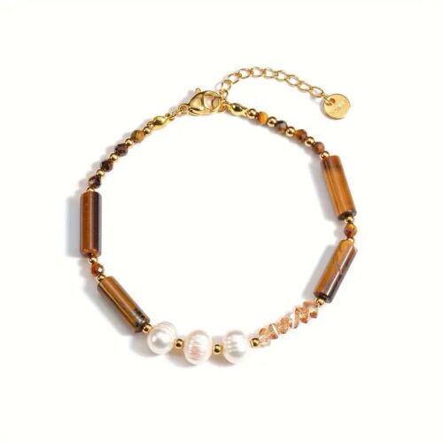 Brown tiger eye and pearl beaded bracelet with gold chain toggle clasp