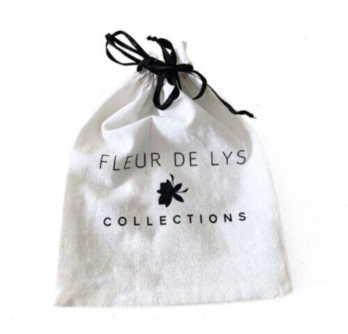 Drawstring gift pouch with black ribbon and FLEUR DE LYS COLLECTION text
