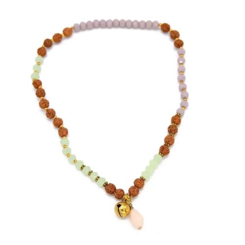 Beaded necklace with lavender, green and brown beads, heart pendant and pink charm