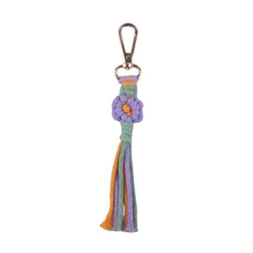 Crocheted floral keychain with purple flower, green stems, multicolor tassel and metal clip