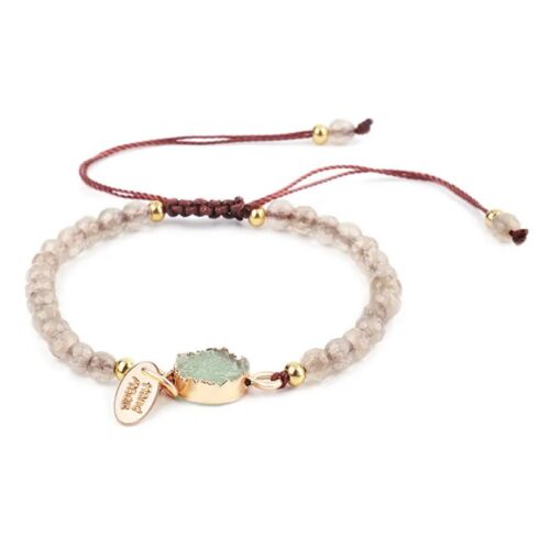 Mint bead strand bracelet with hand-braided cord and gold-tone charm segments