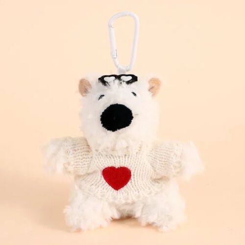 Cute white teddy bear keychain with red heart and black nose, hanging clip