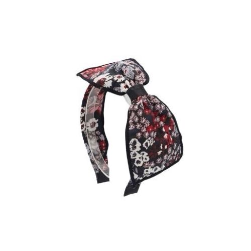 Black and red floral jacquard bow headband with curved fabric knot