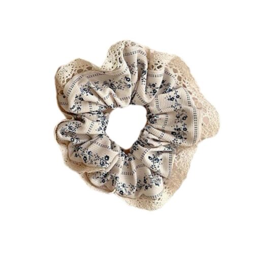 Cream floral hair scrunchie with lace trim and gathered elastic loop