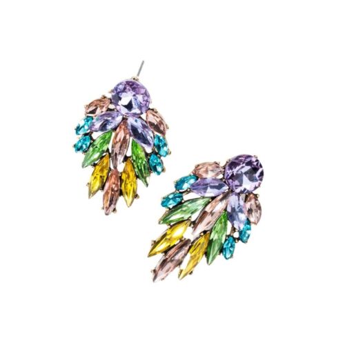 Lavender cubic zirconia leaf earrings with multicolor bead clusters, drop dangles