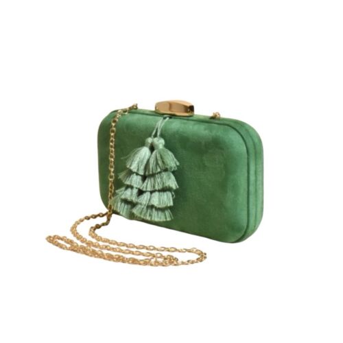 Green faux suede clutch with gold chain strap and layered tassel front, top clasp
