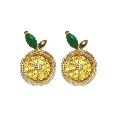 Gold-tone round stud earrings with yellow cubic zirconia center and green leaf accents