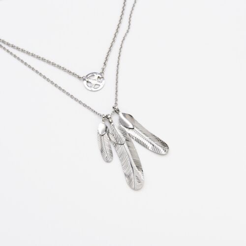 Silver stainless-steel double feather pendant necklace with two-chain design