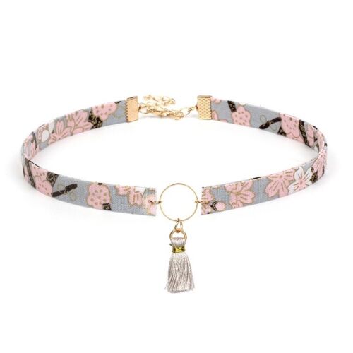 Floral fabric choker necklace with gold ring clasp and small hanging tassel
