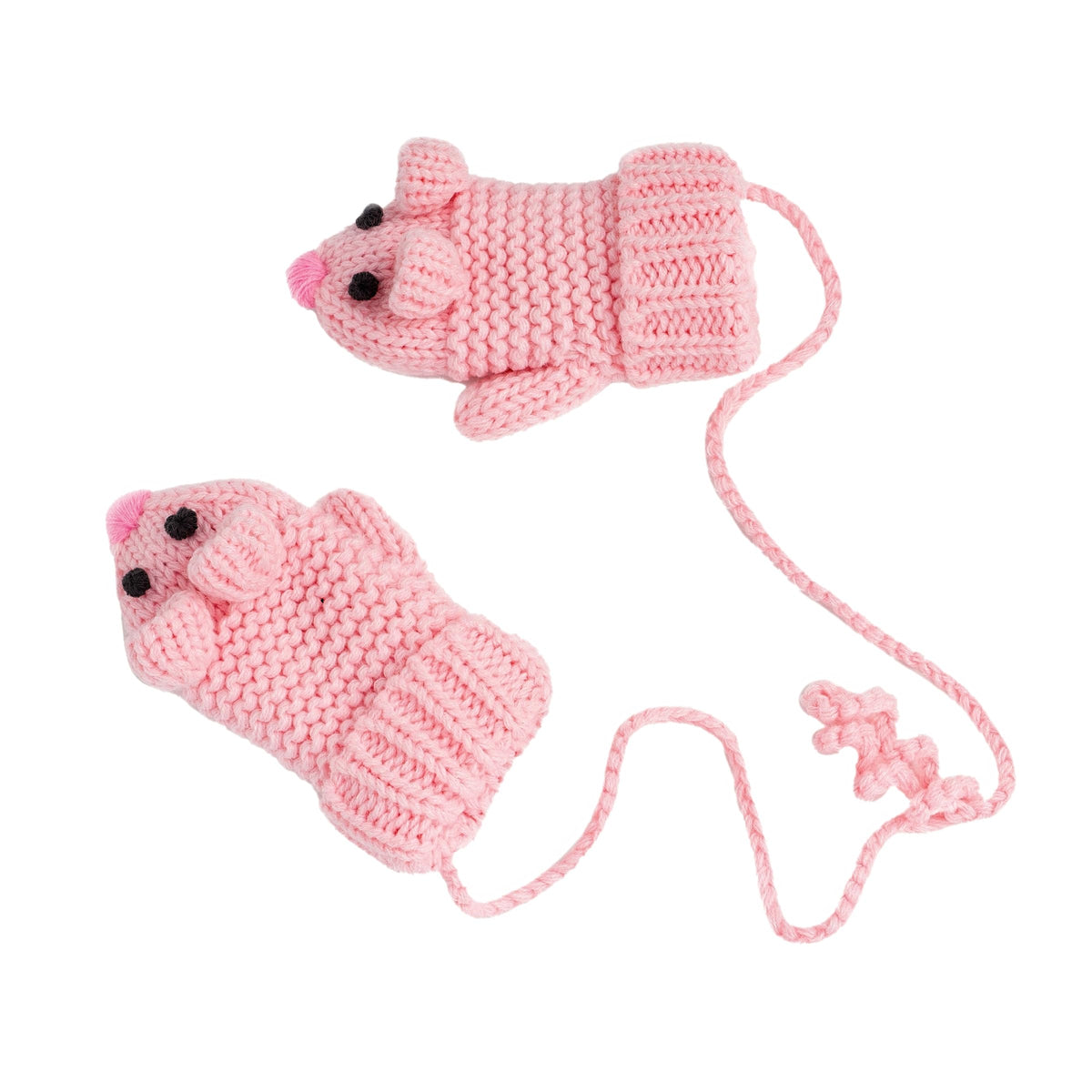Pair of pink mouse-face knit mittens with a connecting string