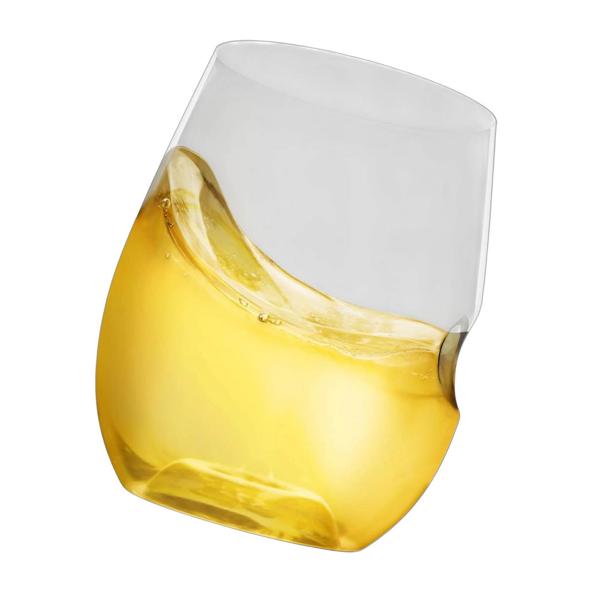 12 oz clear shatterproof stemless wine glass with yellow wine, curved rim