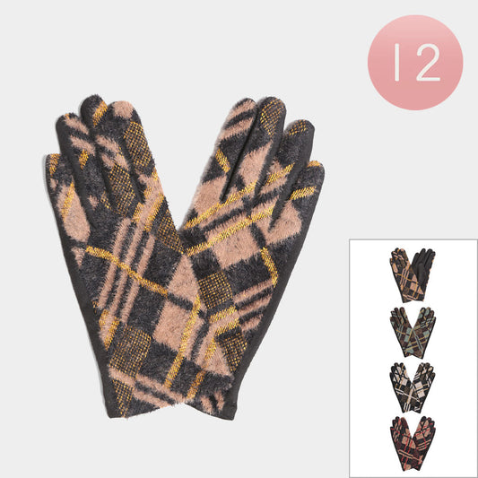 Plaid check smart winter gloves with touch fingertips and lurex-style shimmer