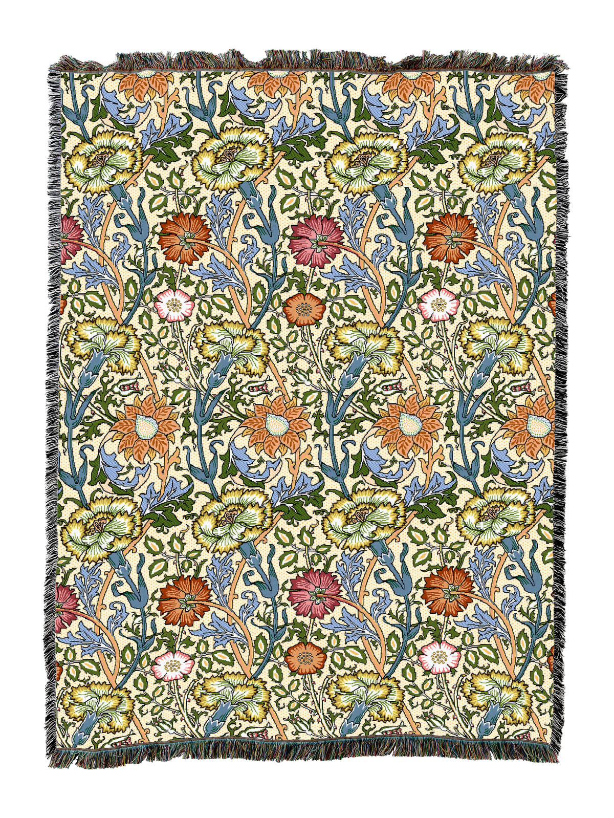 William Morris floral blanket in blue and green floral pattern with fringed border