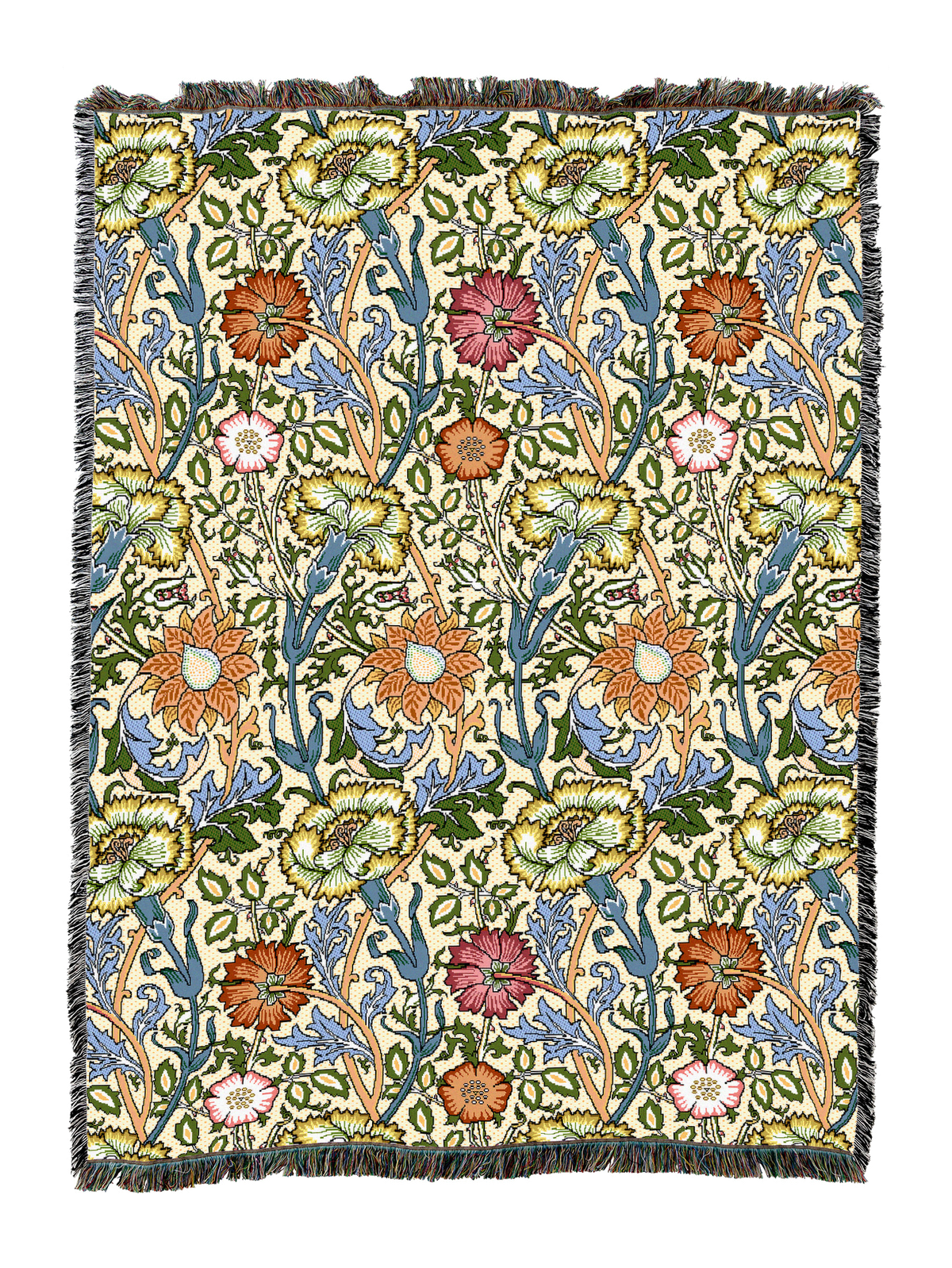 William Morris floral blanket in blue, green, and gold pattern with fringed border