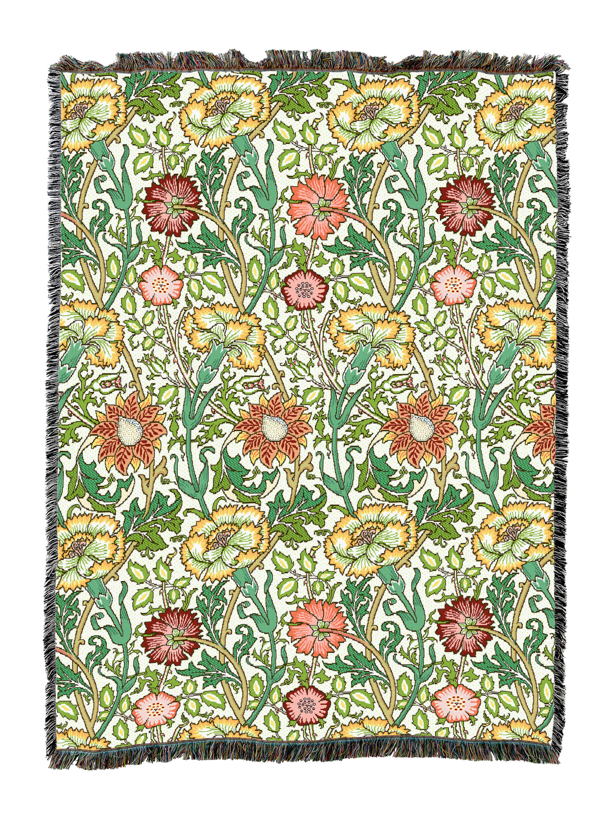 William Morris floral woven blanket in cream with green vines and red flowers, fringed