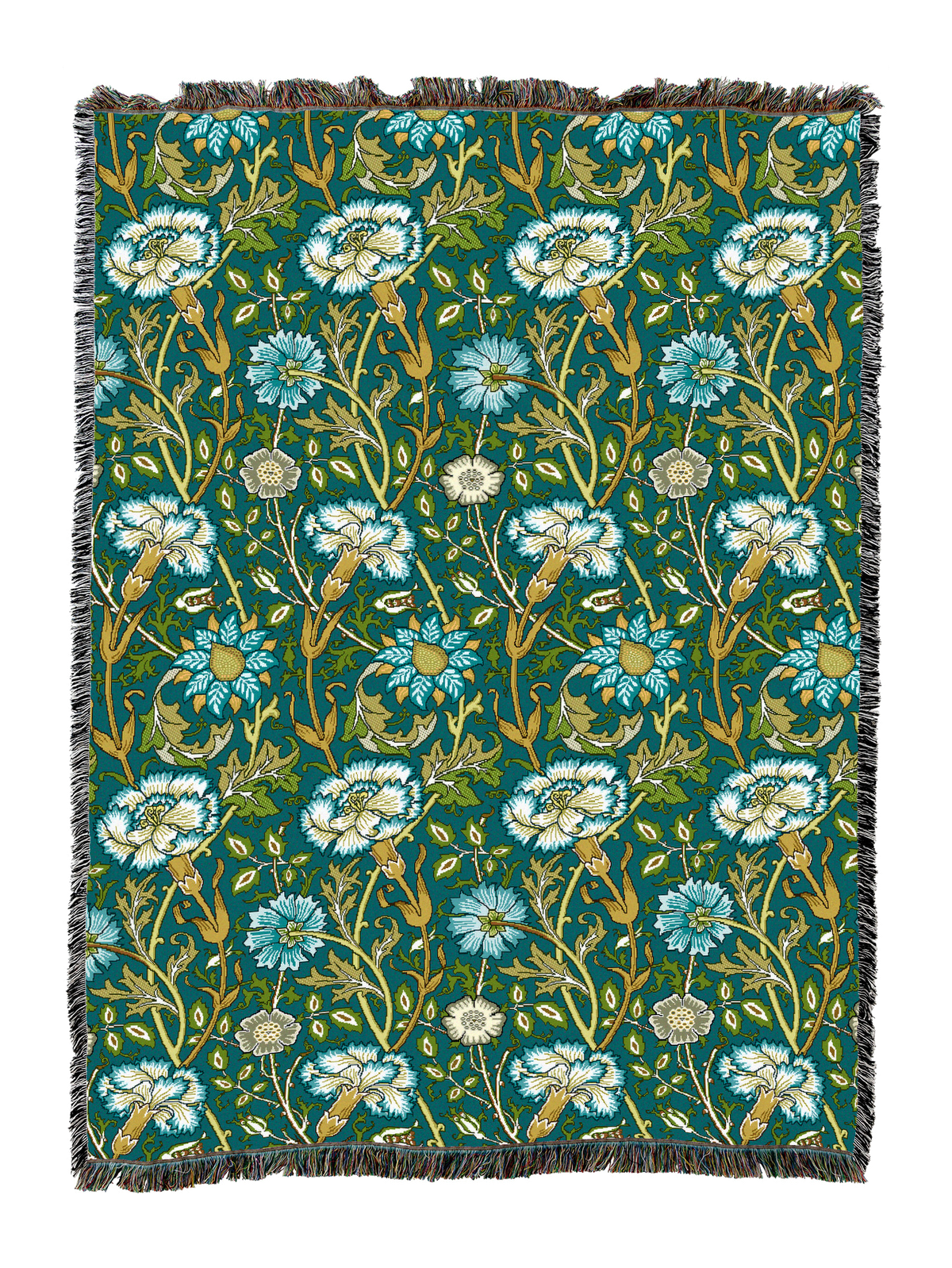 William Morris floral blanket in deep teal with light blue blooms, fringed border