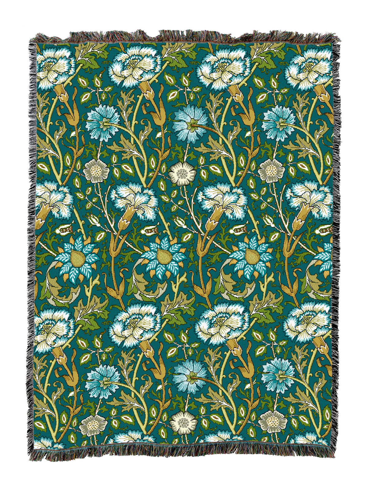 William Morris floral blanket in teal green with blue flowers and gold accents, fringed border