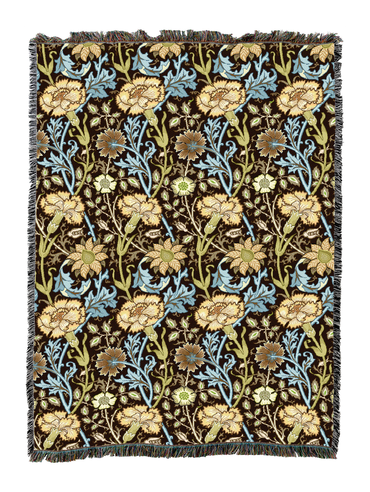 William Morris floral blanket in blue and gold with dark brown vine pattern, fringed border