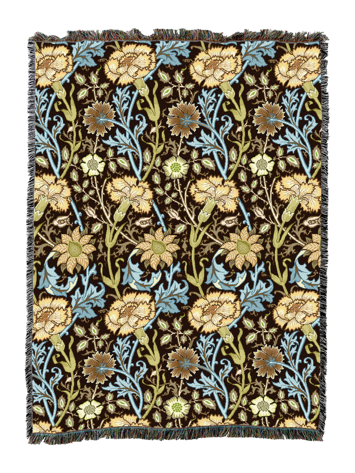 William Morris floral blanket in dark brown with tan and light blue flowers, fringed border