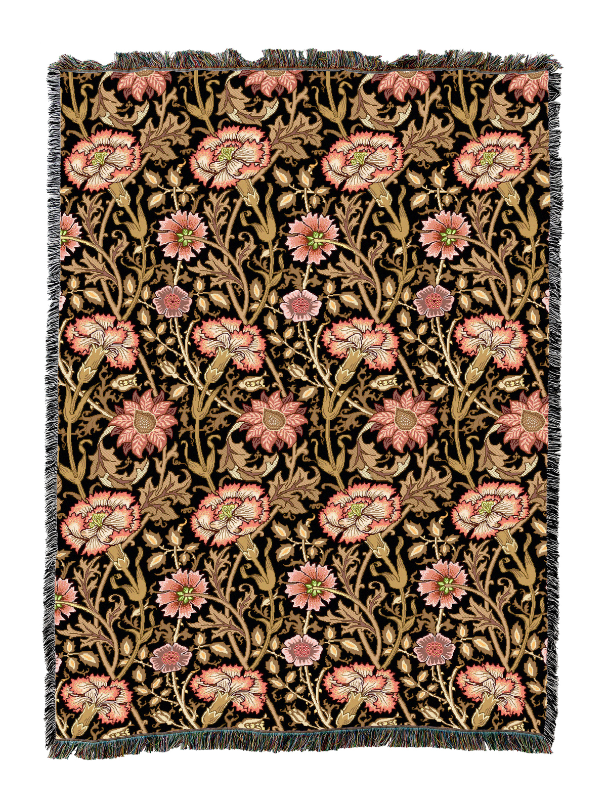William Morris floral blanket in dark brown with coral and gold blossoms, fringed border