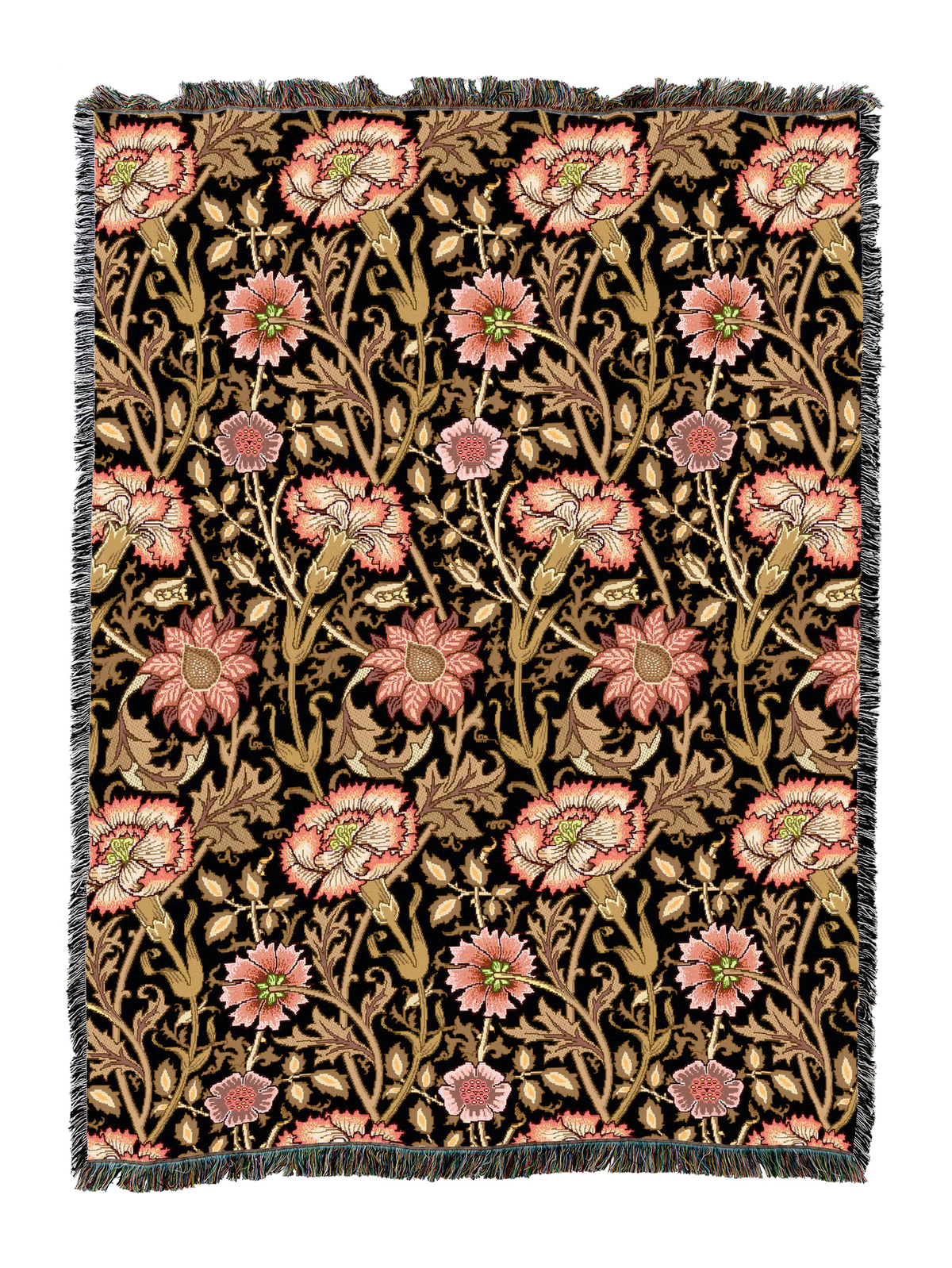 William Morris floral blanket in dark brown with pink and gold flowers, fringed border